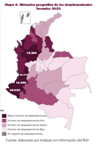 Orte, an denen es im Jahr 2023 die meisten Zwangsvertreibungen gab. Aus dem Bericht von INDEPAZ: "Gewalt in Kolumbien.  Jahresbericht 2023"