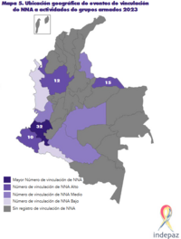 Orte, an denen Minderjährigen im Jahr 2023 am stärksten in die Aktivitäten illegaler bewaffneter Gruppen verwickelt waren   Aus dem Bericht von INDEPAZ: "Gewalt in Kolumbien.  Jahresbericht 2023"