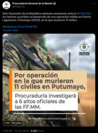 Wegen des Massakers in Putumayo ermittelt nun die Generalstaatsanwaltschaft gegen sechs hochrangige Militäroffiziere.