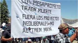 Screenshot von der Website Red Ya Basta. Moment eines Protestes in Chiapas gegen das Megaprojekt Tren Maya.