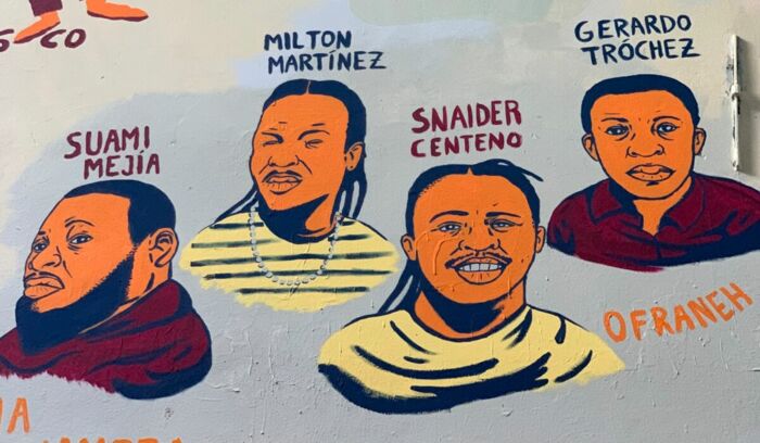 Vier Garifuna aus Triunfo de la Cruz – seit 2023 auf dem großen Wandbild mit gewaltsam Verschwundenen aus aller Welt (Haus Schwarzenberg, Berlin-Mitte)