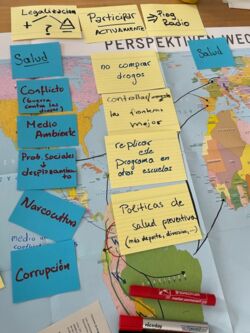 Interaktion und Perspektivwechsel: Beim Projekttag arbeiten wir mit verschiedenen Medien wie zum Beispiel einer Weltkarte in nicht-eurozentrischem Maßstab, Karteikarten, aber auch Coca-Blättern zum Anfassen und Riechen.